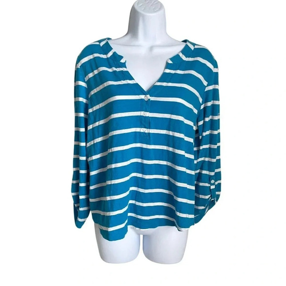 Caribbean Joe Blue and White Striped Button-Up Top – Size L – 100% Cotton - Picture 5 of 5